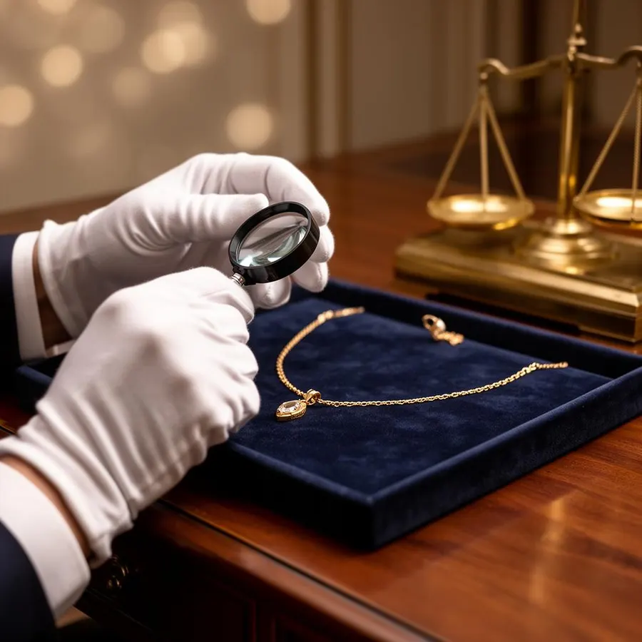 Expert taxeert gouden ketting met loep en weegschaal in Dordrecht